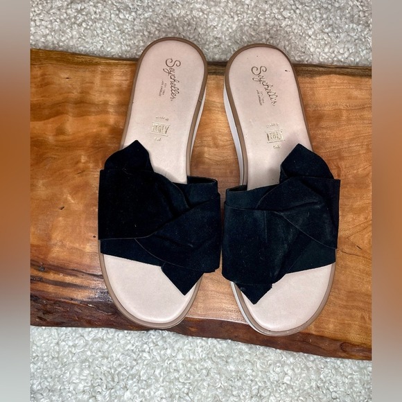 Seychelles Made in Italy Black Suede Bow Slide Platform Sandals Size 8.5 - Picture 2 of 4